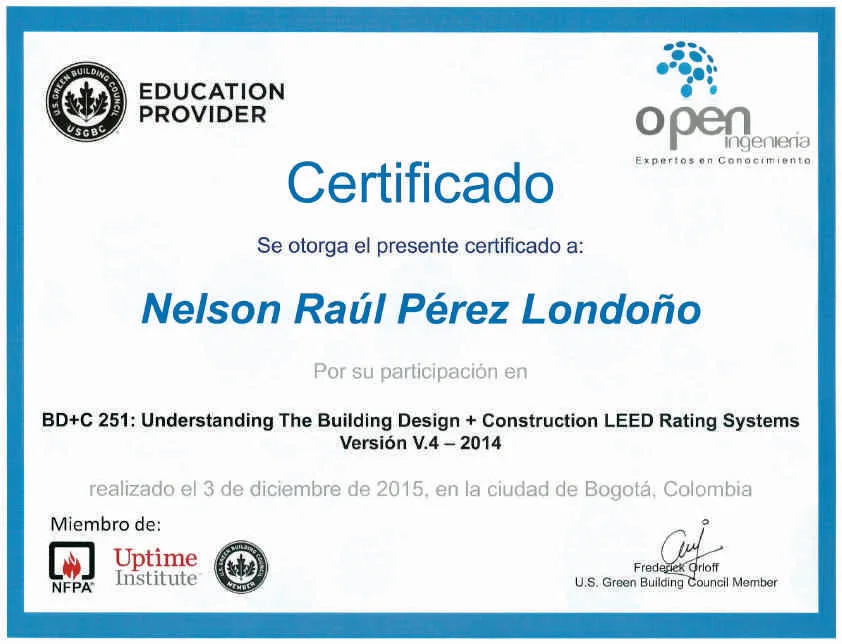 Certificado LEED BD+C 251 de Nelson Raúl Pérez Londoño